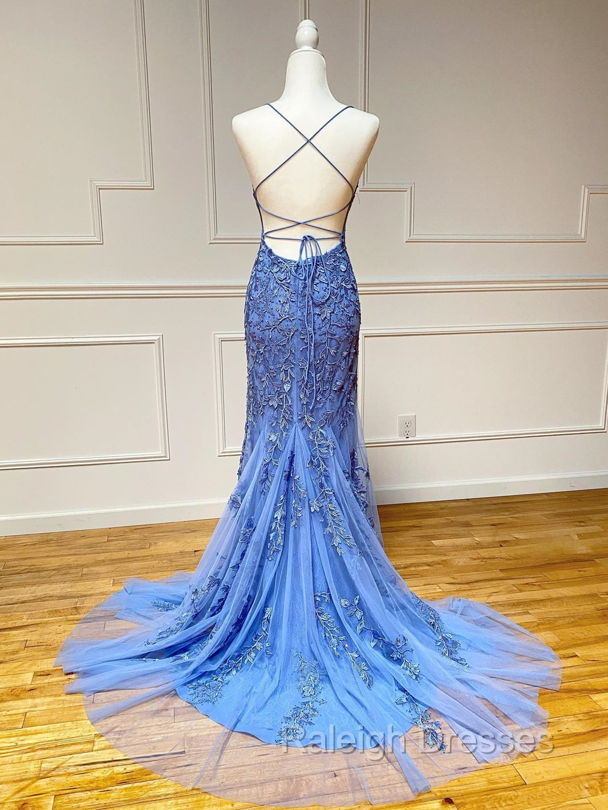 Backless Blue Lace Mermaid Prom Dresses, Open Back Lace Mermaid Formal Evening Dresses Secondary image