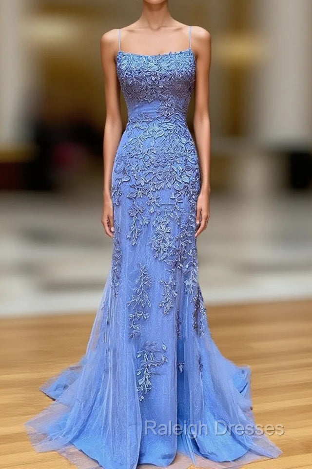 Backless Blue Lace Mermaid Prom Dresses, Open Back Lace Mermaid Formal Evening Dresses Main image