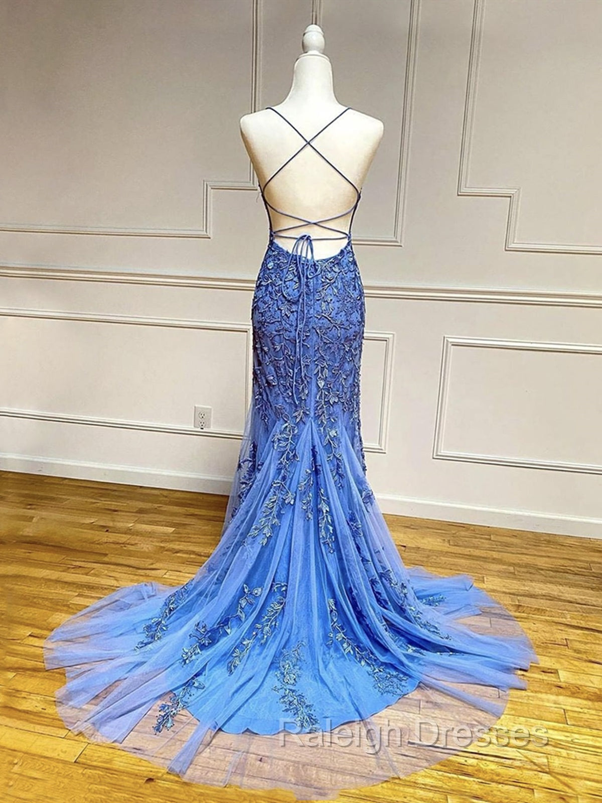 Backless Blue Lace Prom Dresses, Open Back Blue Lace Formal Graduation Dresses Secondary image