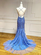 Backless Blue Lace Prom Dresses, Open Back Blue Lace Formal Graduation Dresses