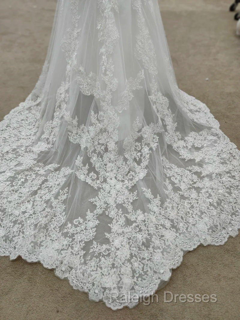 Backless Bohemian Simple V-Neck Long Sleeve Lace Wedding Dress With Train