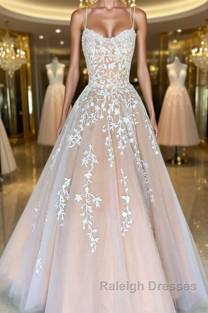 Backless Champagne Lace Prom Dresses, Open Back Champagne Lace Formal Evening Dresses Main image