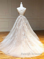 Backless Champagne Lace Wedding Dresses, Backless Champagne Lace Formal Prom Evening Dresses