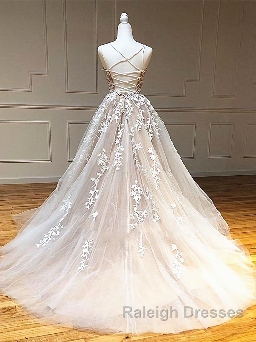 Backless Champagne Lace Wedding Dresses, Backless Champagne Lace Formal Prom Evening Dresses