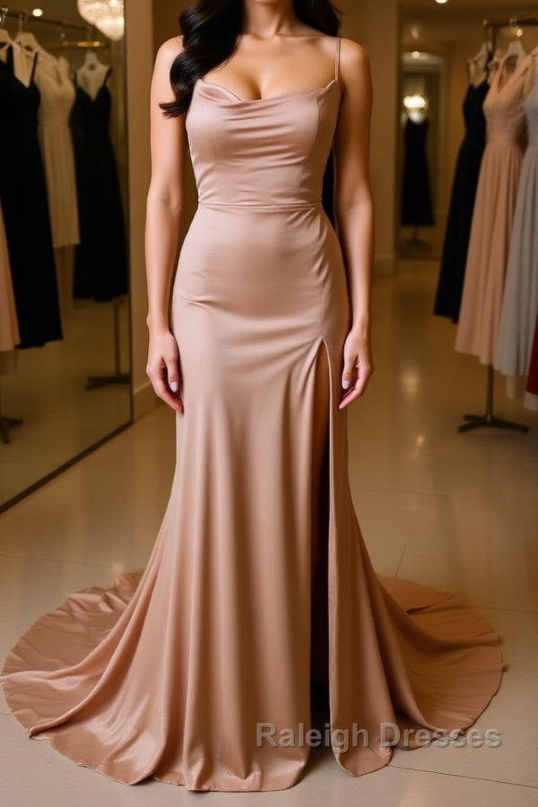 Backless Champagne Long Prom Dress with High Slit, Long Champagne Formal Graduation Evening Dress