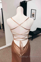 Backless Champagne Long Prom Dress with High Slit, Long Champagne Formal Graduation Evening Dress