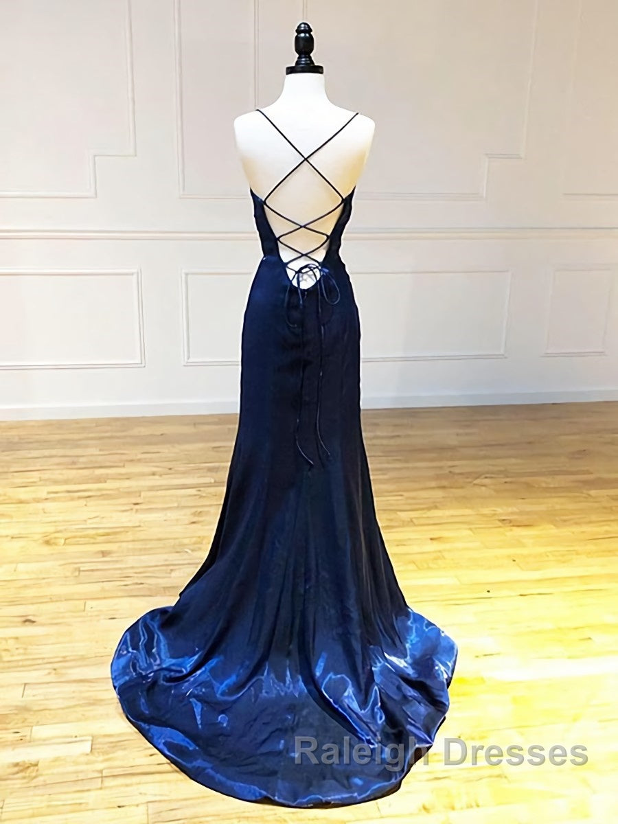 Backless Dark Navy Blue Long Prom Dresses, Dark Navy Blue Formal Graduation Evening Dresses Secondary image