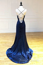 Backless Dark Navy Blue Long Prom Dresses Evening Dresses