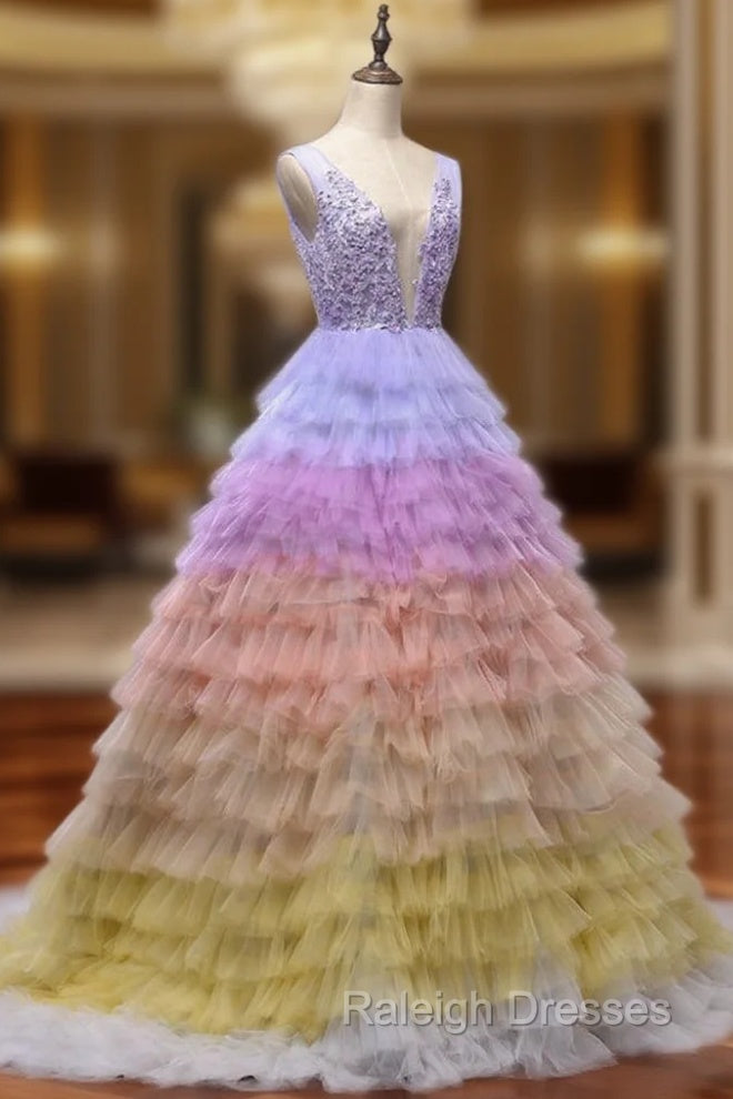 Backless Deep-V neck Tulle Multicolor Sleeveless Wedding Dresses