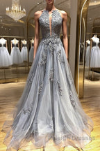 Backless Gray Lace Prom Dresses, Backless Gray Lace Formal Evening Graduation Dresses