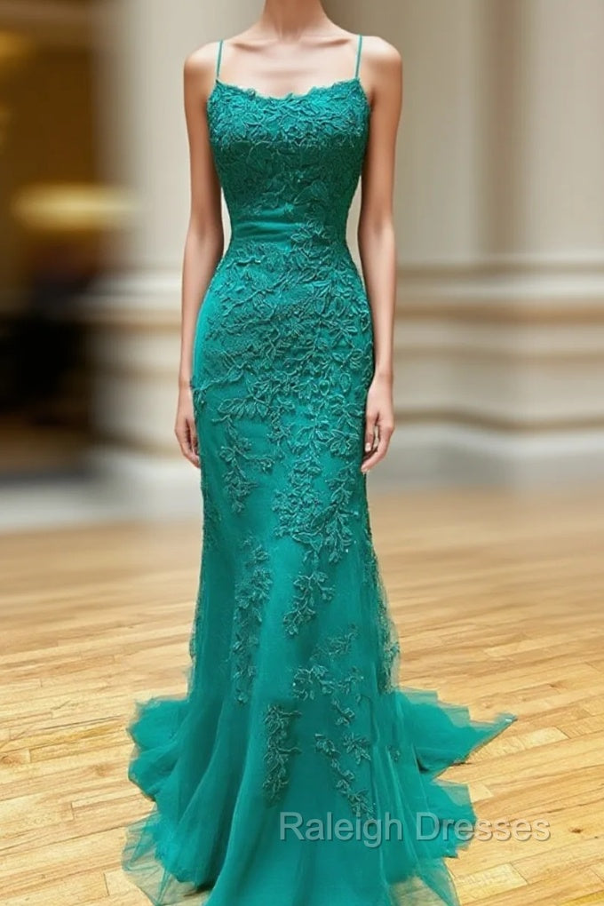 Backless Green Lace Mermaid Prom Dresses, Open Back Mermaid Lace Formal Evening Dresses Main image