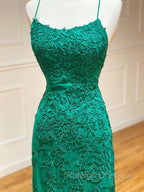 Backless Green Mermaid Lace Prom Dresses, Open Back Green Lace Mermaid Formal Prom Dresses