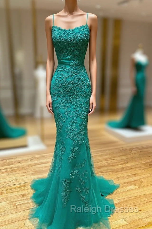 Backless Green Mermaid Lace Prom Dresses, Open Back Green Lace Mermaid Formal Evening Dresses Main image