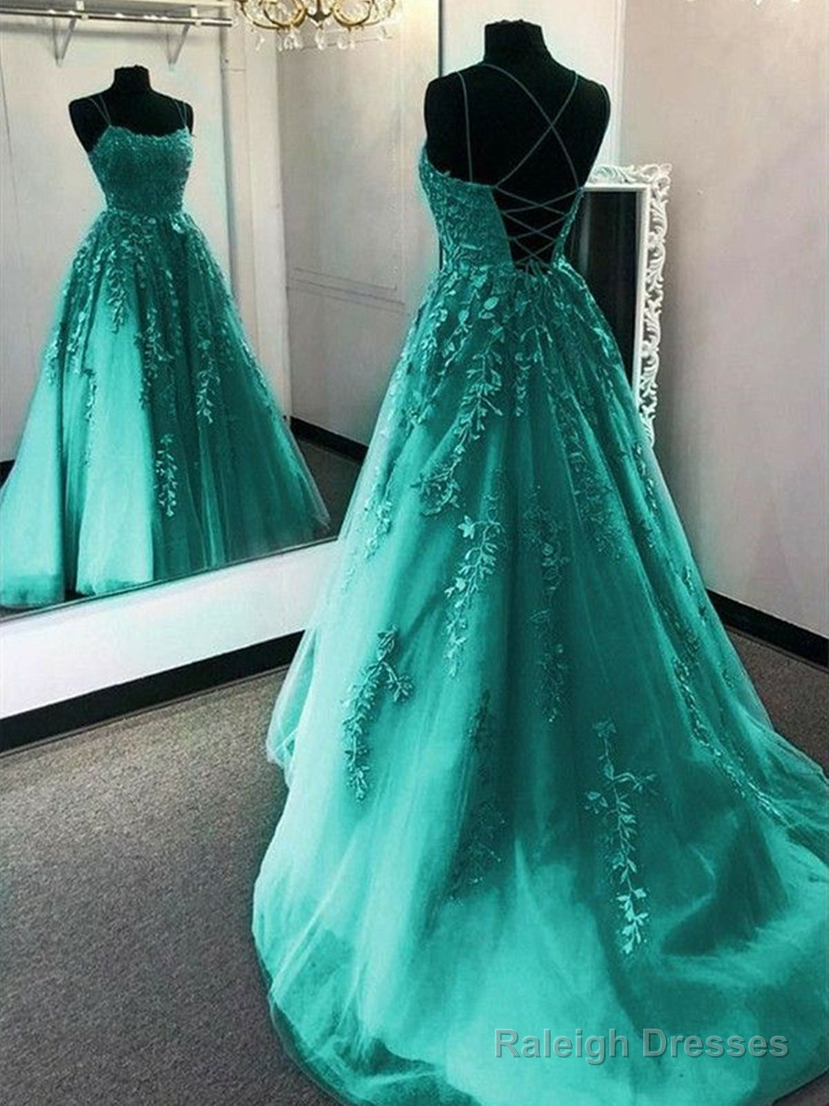 Backless Green Tulle Lace Prom Dresses, Open Back Green Lace Formal Evening Dresses Main image