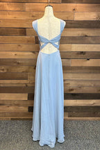 Backless Light Blue Chiffon Long Bridesmaid Dresses