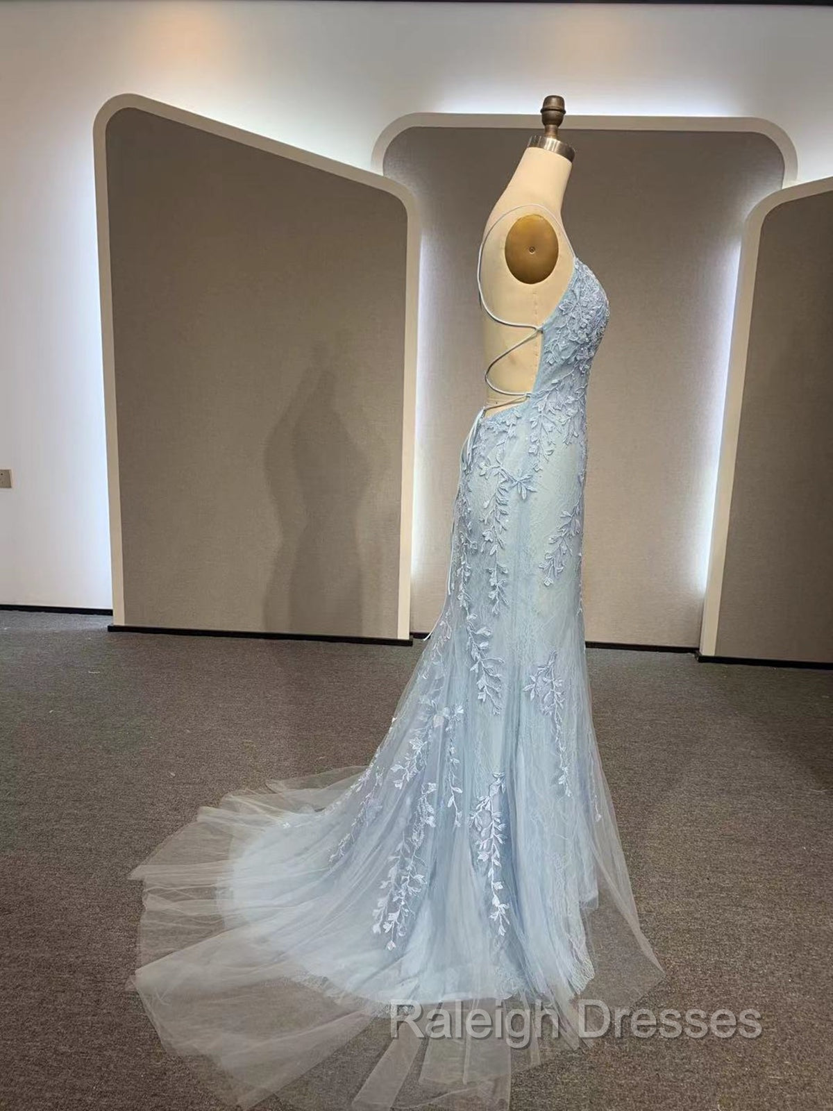 Backless Light Blue Lace Prom Dresses, Open Back Light Blue Lace Formal Evening Dresses Secondary image