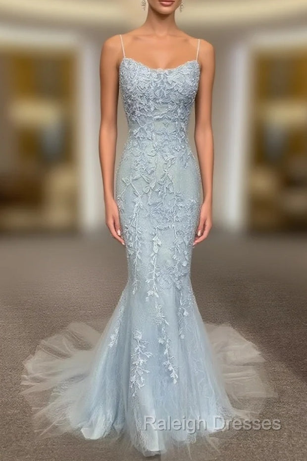 Backless Light Blue Lace Prom Dresses, Open Back Light Blue Lace Formal Evening Dresses