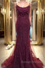 Backless Mermaid Beaded Maroon Lace Long Prom Dress Backless Burgundy Lace Prom Dress Burgundy Tulle Prom Dress