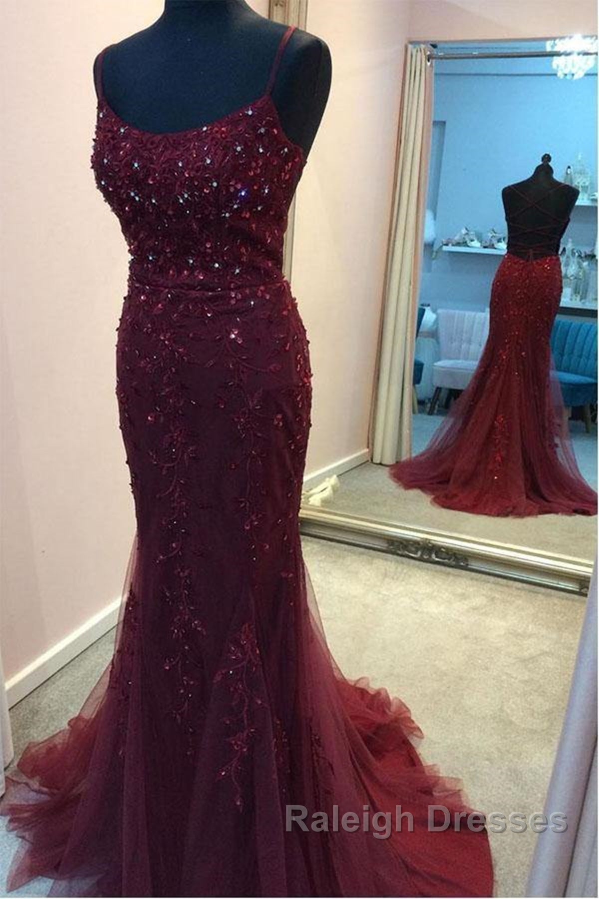 Backless Mermaid Beaded Maroon Lace Long Prom Dresses, Backless Burgundy Lace Formal Dresses, Burgundy Tulle Evening Dresses Secondary image
