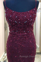 Backless Mermaid Beaded Maroon Lace Long Prom Dresses, Backless Burgundy Lace Formal Dresses, Burgundy Tulle Evening Dresses