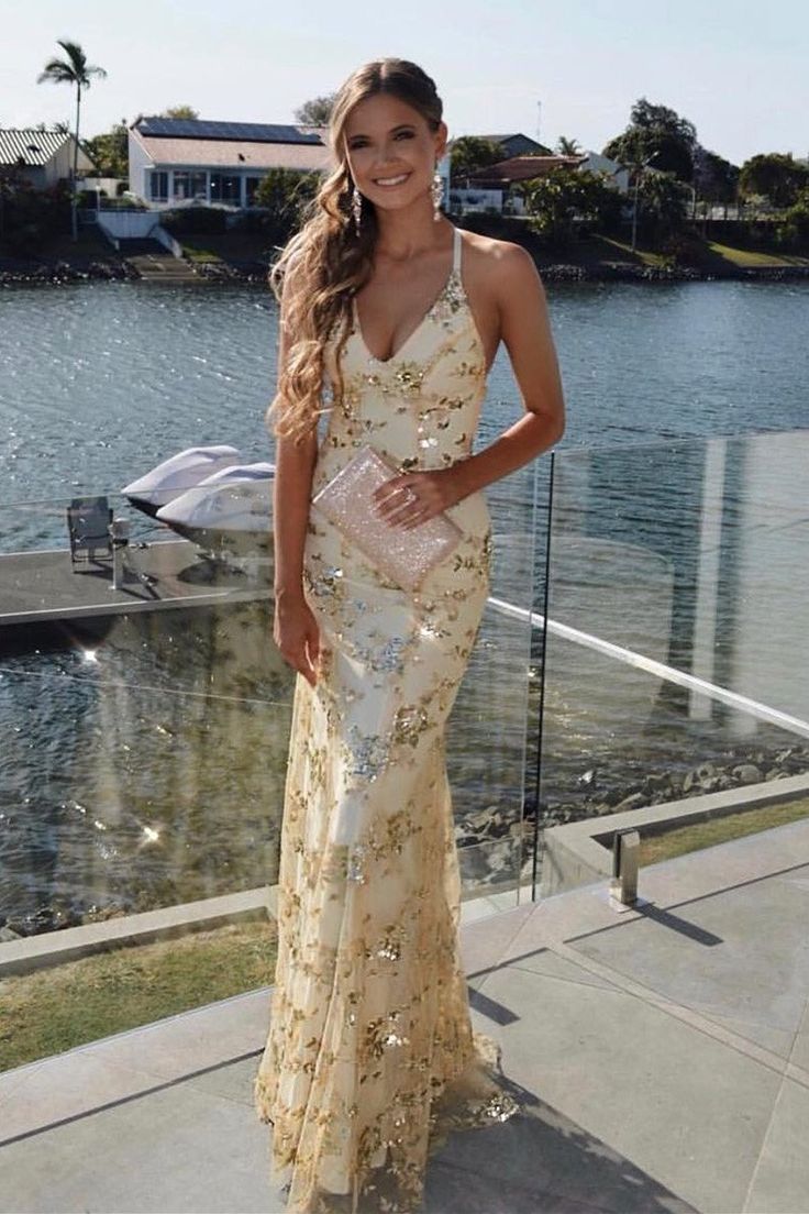 Mermaid Prom Dresses Vintage Backless Lace Prom Dresses Gold Sequin Prom Dresses