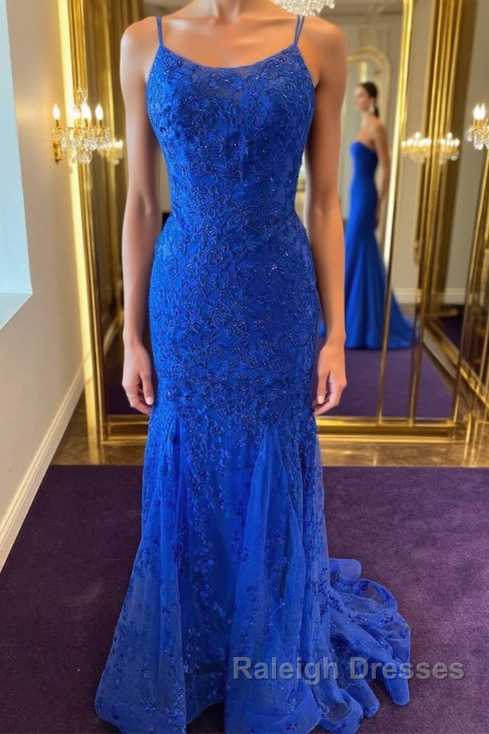 Backless Mermaid Blue Lace Tulle Long Prom Dress, Mermaid Blue Formal Dress, Blue Lace Evening Dress
