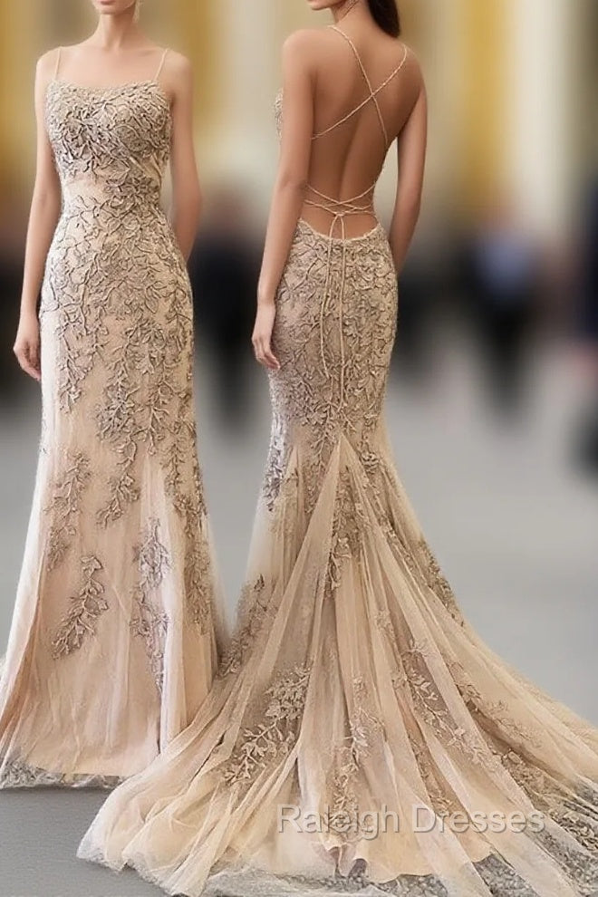 Backless Mermaid Champagne Lace Prom Dress, Champagne Backless Mermaid Lace Formal Dress
