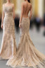 Backless Mermaid Champagne Lace Prom Dress, Champagne Backless Mermaid Lace Formal Dress