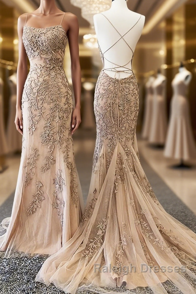 Backless Mermaid Champagne Lace Prom Dresses, Champagne Backless Mermaid Lace Formal Evening Dresses Main image