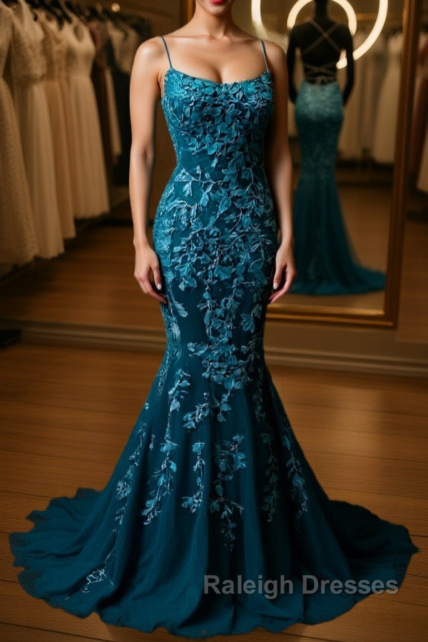 Backless Mermaid Dark Teal Lace Long Prom Dresses Mermaid Teal Lace Long Prom Dresses Main image