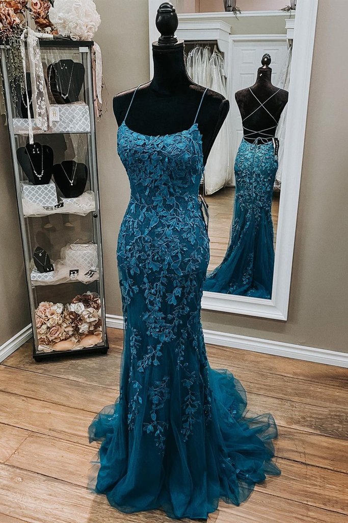 Backless Mermaid Dark Teal Lace Long Prom Dresses Mermaid Teal Lace Long Prom Dresses Main image
