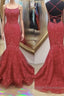 Backless Mermaid Red Lace Long Prom Dress, Mermaid Red Lace Formal Dress, Red Lace Evening Dress
