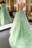 Backless Mint Green Lace Prom Dresses, Mint Green Open Back Lace Formal Evening Dresses