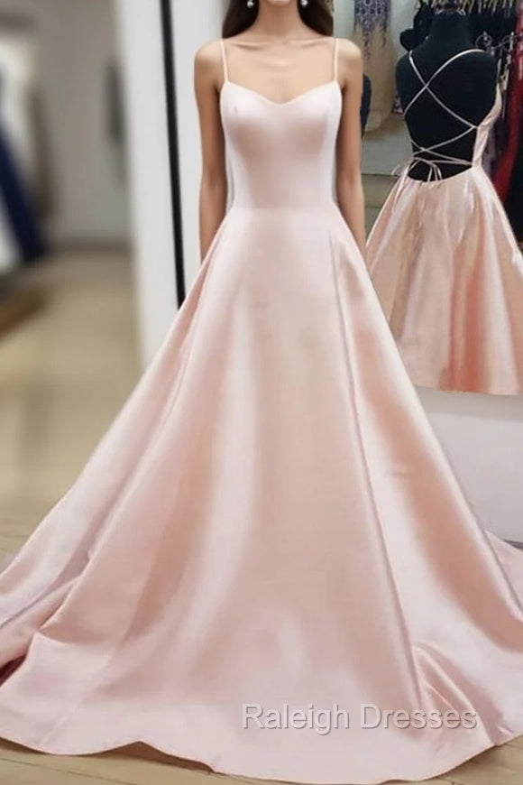 Backless Pink Satin Long Prom Dresses, Open Back Pink Satin Formal Graduation Dresses