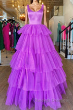 Backless Purple High Low Prom Dresses, Open Back Purple High Low Formal Evening Dresses