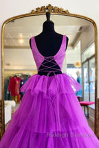 Backless Purple High Low Prom Dresses, Open Back Purple High Low Formal Evening Dresses