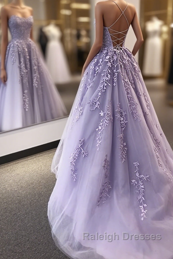 Backless Purple Lace Prom Dress with Train, Open Back Long Purple Lace Formal Evening Dresses