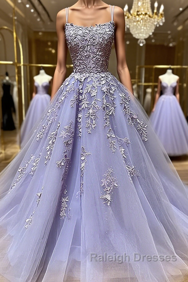 Backless Purple Lace Prom Dresses, Open Back Purple Lace Formal Evening Dresses Main image