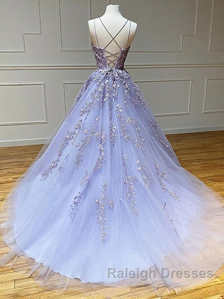 Backless Purple Lace Prom Dresses, Open Back Purple Lace Formal Evening Dresses Secondary image