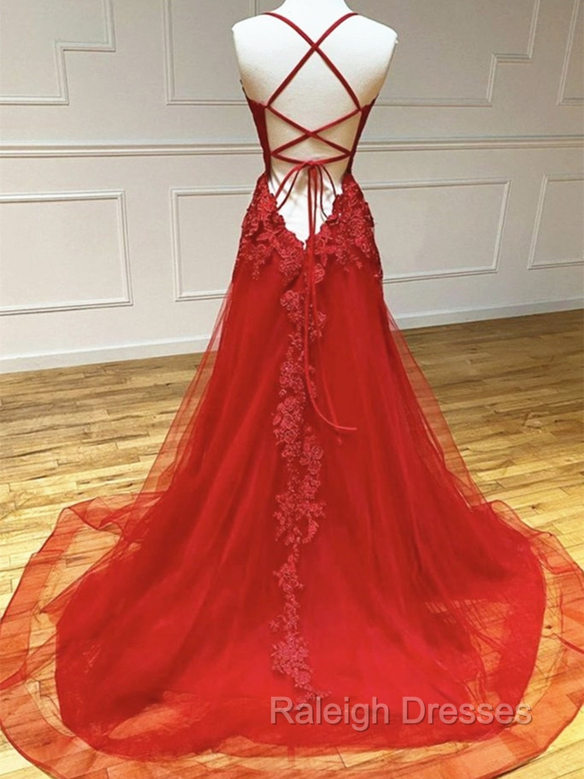 Backless Red Lace Prom Dresses, Open Back Red Lace Formal Evening Dresses Secondary image