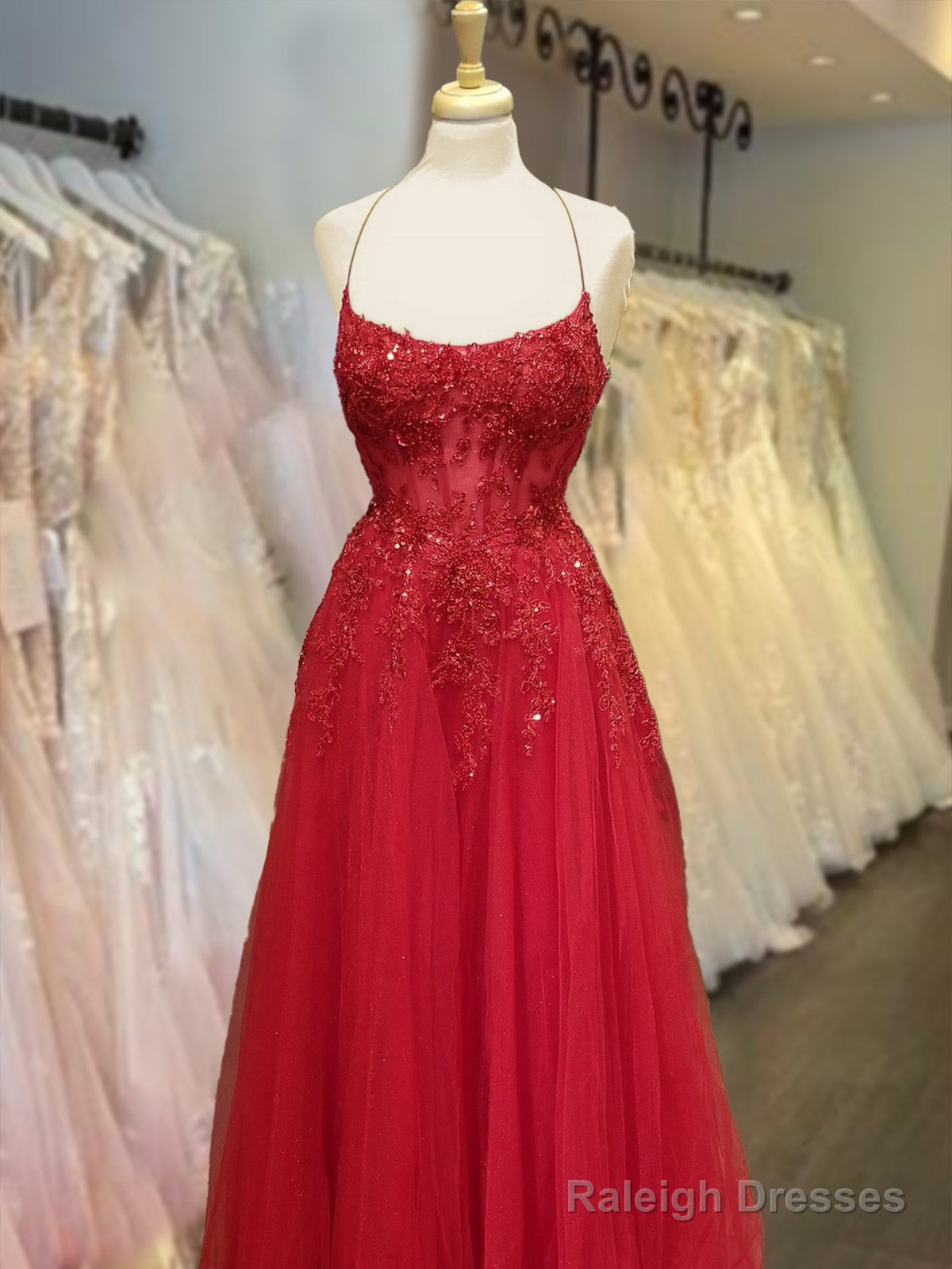 Backless Red Lace Prom Dresses, Open Back Red Long Lace Formal Evening Dresses