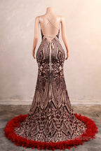 Backless Sequins Mermaid Prom Dresses Burgundy Party Evening Dresses with Feather Chapel Train