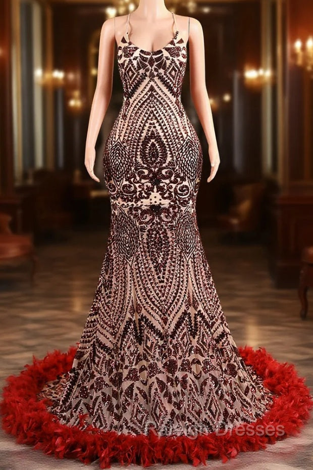 Backless Sequins Mermaid Prom Dresses Burgundy Party Evening Dresses with Feather Chapel Train Main image