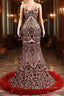 Backless Sequins Mermaid Prom Dresses Burgundy Party Evening Dresses with Feather Chapel Train