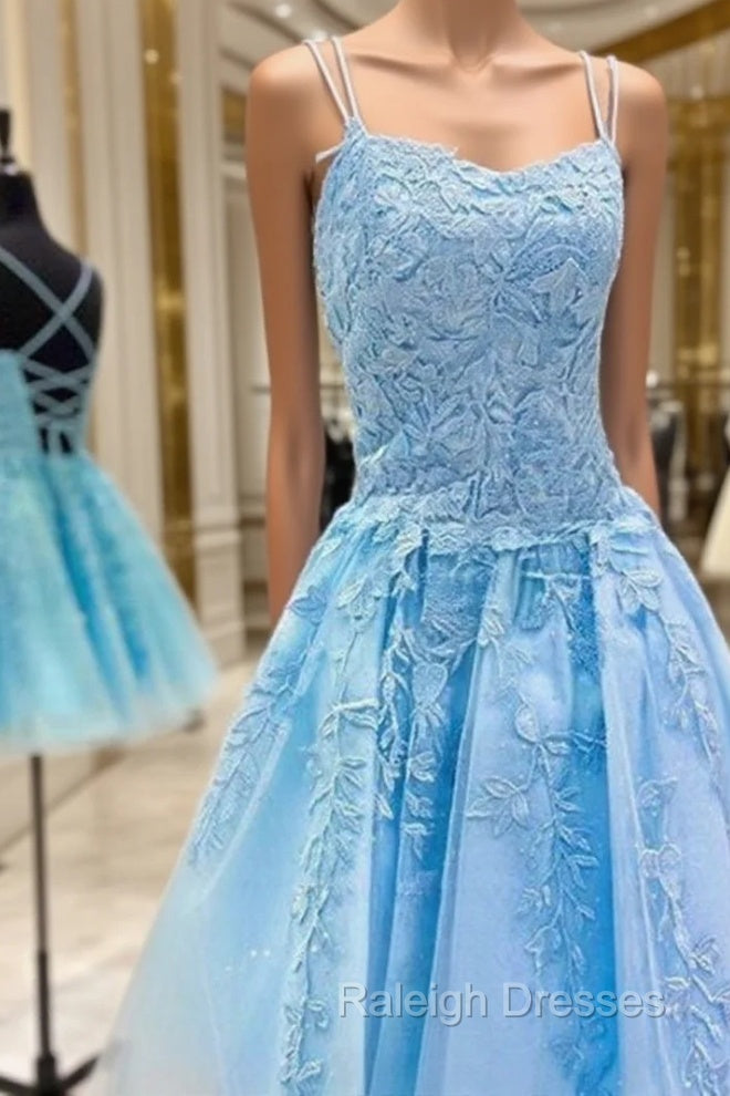 Backless Short Blue Lace Prom Dresses, Open Back Short Blue Lace Formal Graduation Dresses Main image
