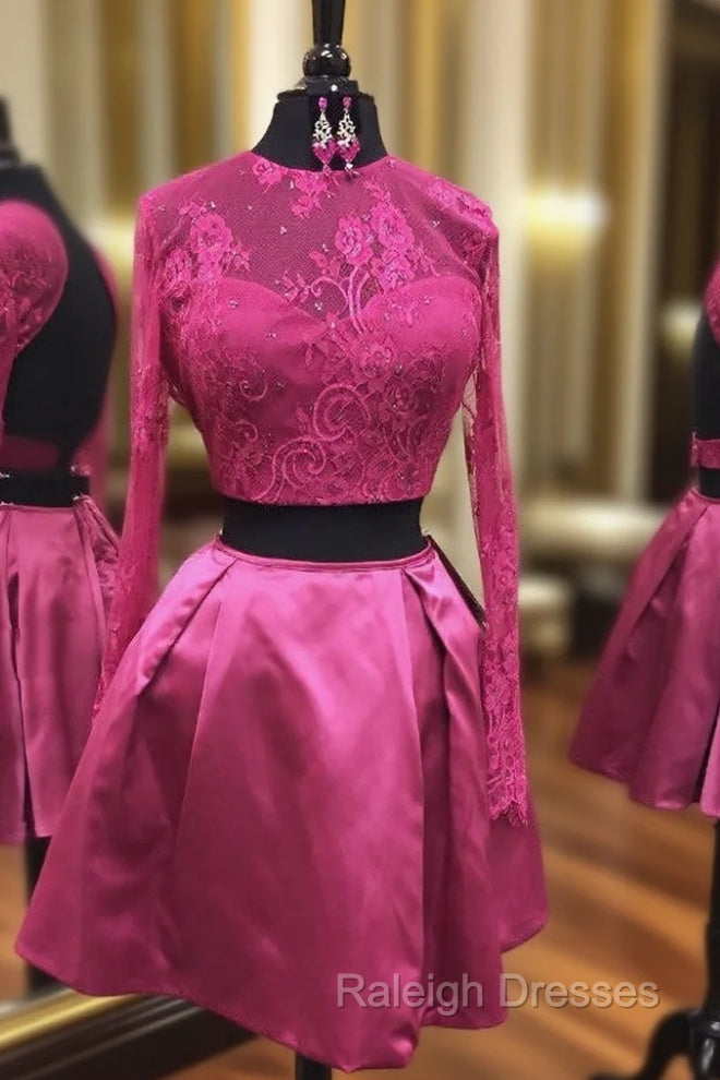 Backless Two Piece Homecoming Dress Beaded Fuchsia Lace Long Sleeves Main image