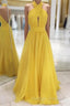 Backless Yellow Chiffon Long Prom Dresses, Open Back Yellow Formal Bridesmaid Dresses
