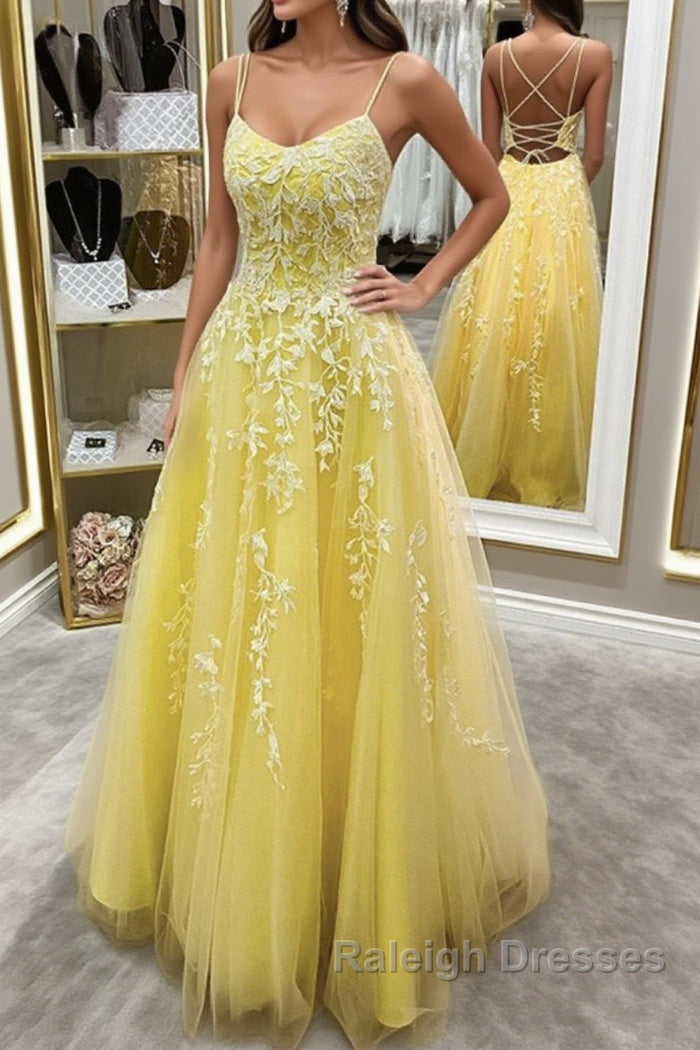Backless Yellow Lace Long Prom Dress, Long Yellow Lace Formal Dress, Yellow Evening Dress Main image