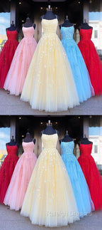 Backless Yellow Pink Blue Red Burgundy Lace Prom Dresses, Backless Lace Formal Evening Bridesmaid Dresses