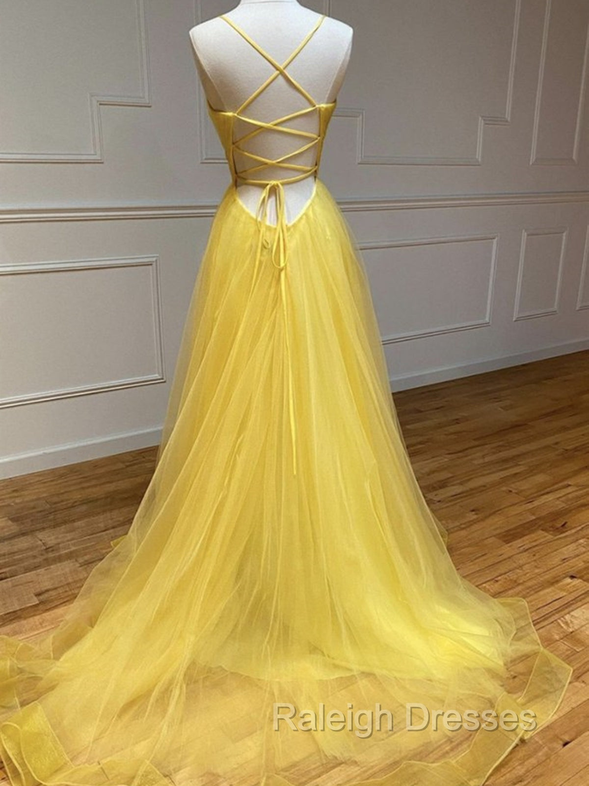 Backless Yellow Tulle Long Formal Prom Dresses, Open Back Yellow Tulle Long Prom Dresses